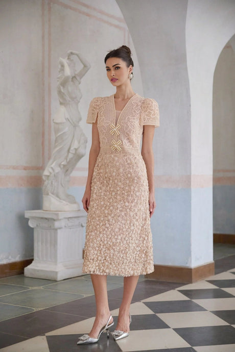 Avery Midi Dress Neutrals Crochet Faux - Flower & Bead