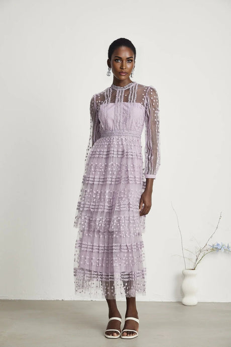 Avery Midi Dress - Puff Sleeve - High Waisted - Layered Design - Embroidered - Flounce Hem