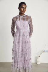 Avery Midi Dress - Puff Sleeve - High Waisted - Layered Design - Embroidered - Flounce Hem