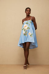 Avril Blue Floral Embroidered Satin Mini Dress