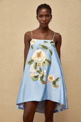 Avril Blue Floral Embroidered Satin Mini Dress