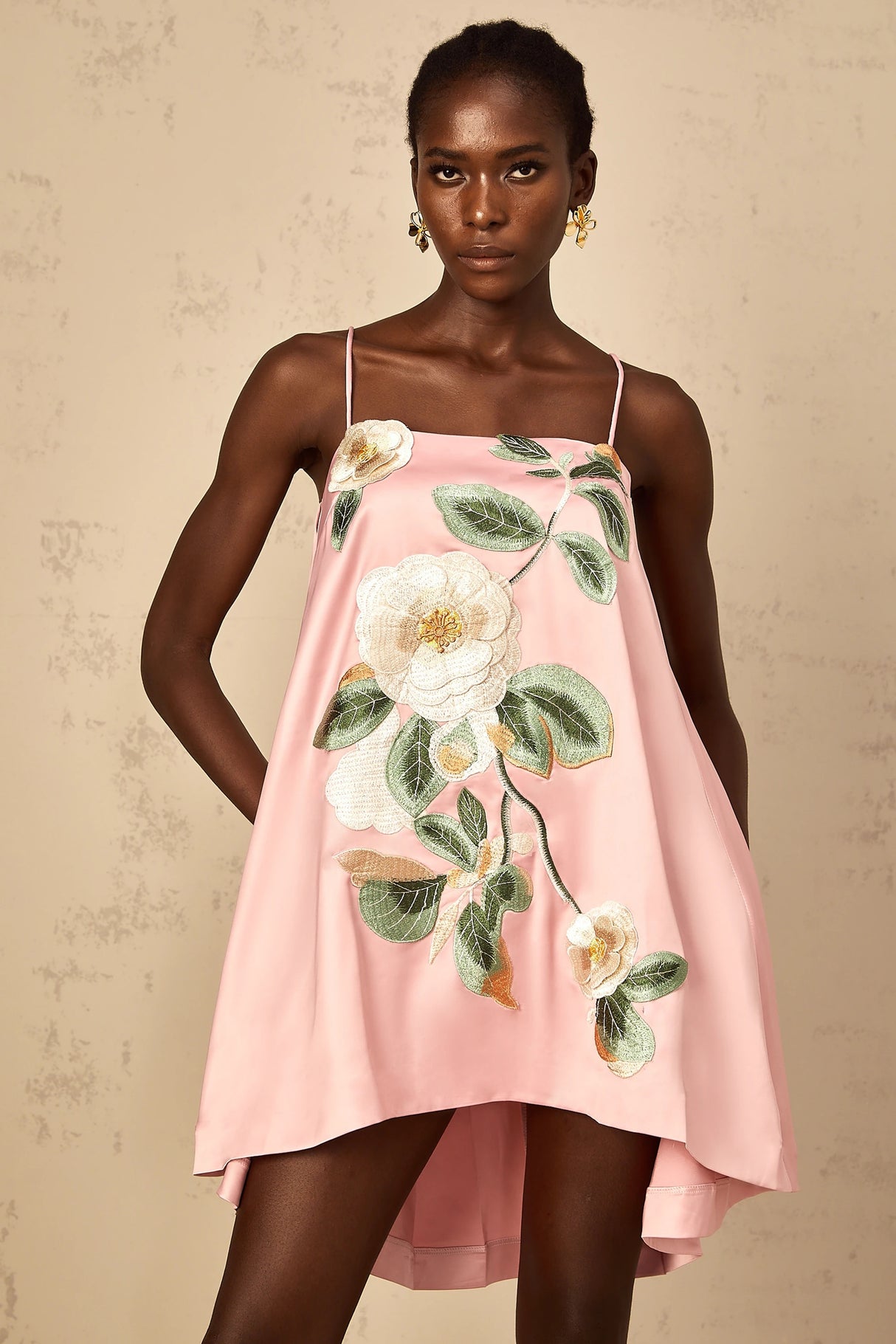 Avril Pink Floral Embroidered Satin Mini Dress