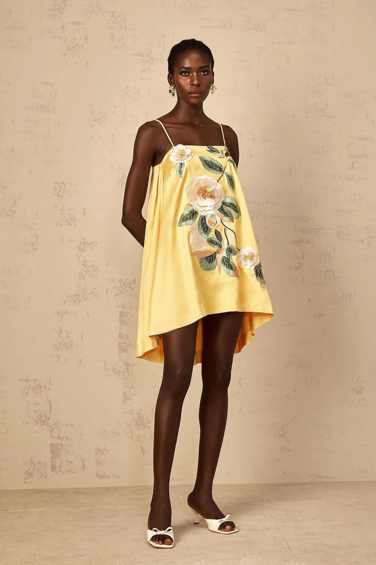 Avril Yellow Floral Embroidered Mini Dress