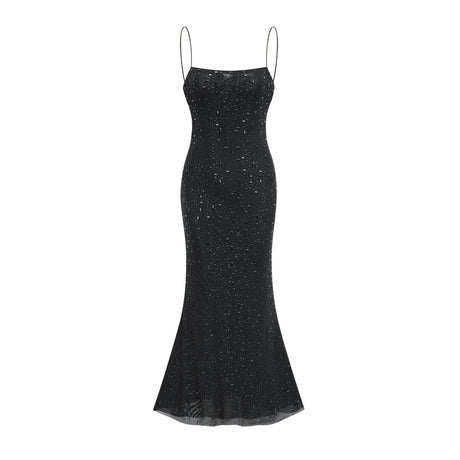Axelle Midi Dress - Sequin Embellishment - Sleeveless - Fitted - Side Zip Fastening - Spaghetti Straps