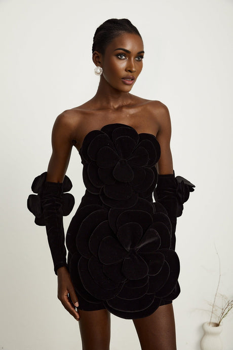 Azura floralappliqué mini dress in Black