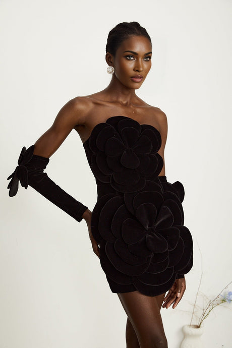 Azura floralappliqué mini dress in Black