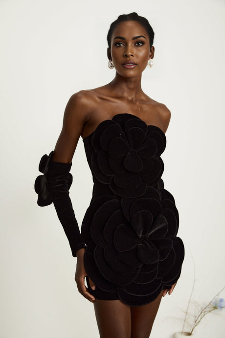 Azura floralappliqué mini dress in Black