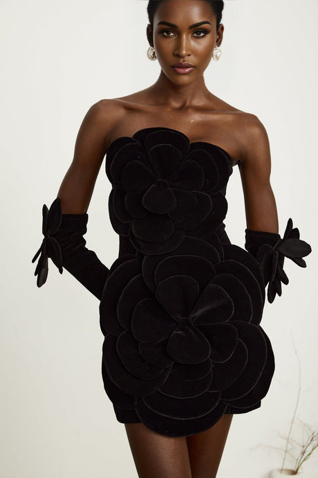 Azura floralappliqué mini dress in Black