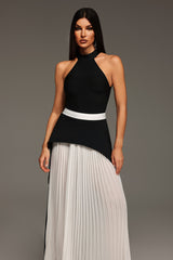 Azzurra Black Halter Maxi Dress with Wrinkle Detailing and Contrast Waistband