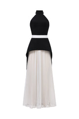 Azzurra Black Halter Maxi Dress with Wrinkle Detailing and Contrast Waistband