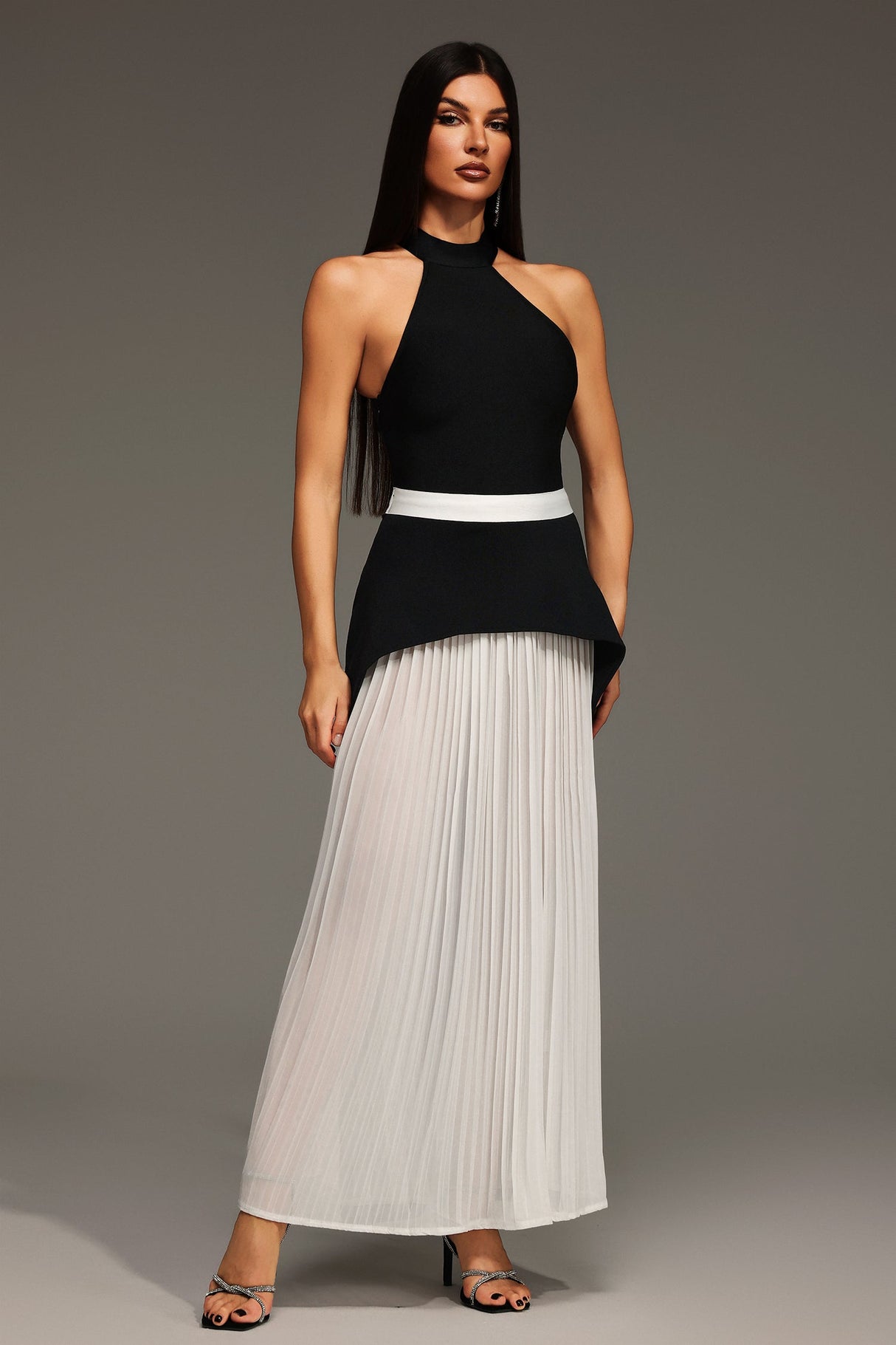 Azzurra Black Halter Maxi Dress with Wrinkle Detailing and Contrast Waistband