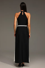 Azzurra Black Sleeveless Halter Maxi Dress with Wrinkle Detailing and Contrast Waistband
