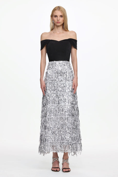 Azzurra Black Velvet Fringe Maxi Dress
