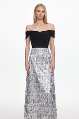 Azzurra Black Velvet Fringe Maxi Dress for Special Occasions