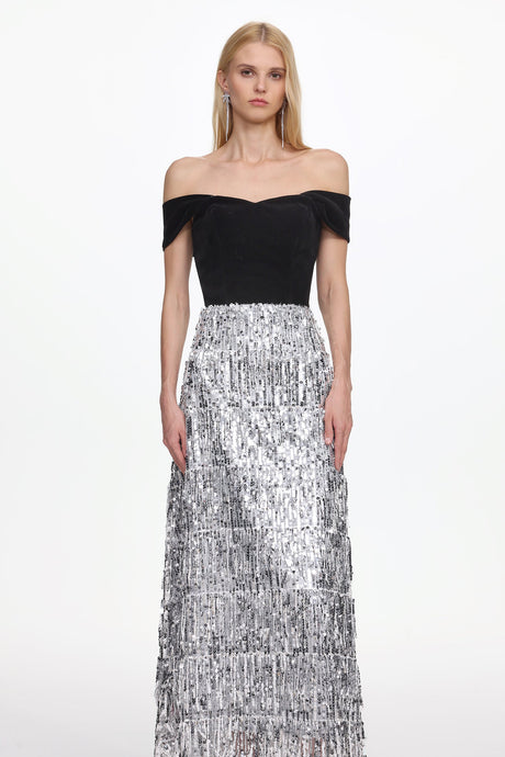 Azzurra Black Velvet Fringe Maxi Dress for Special Occasions