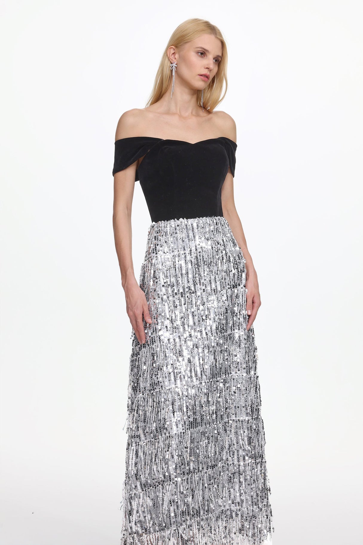 Azzurra Black Velvet Fringe Maxi Dress