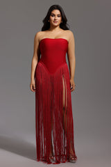 Azzurra Red Fringe High-Slit Dress