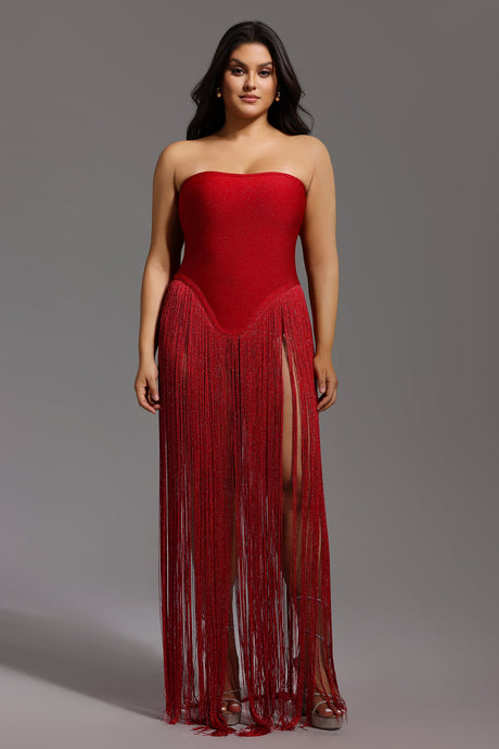 Azzurra Red Fringe High-Slit Dress