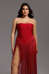 Azzurra Red Strapless Dress with Fringe Detail and High-Slit Design for Evening Events and Parties