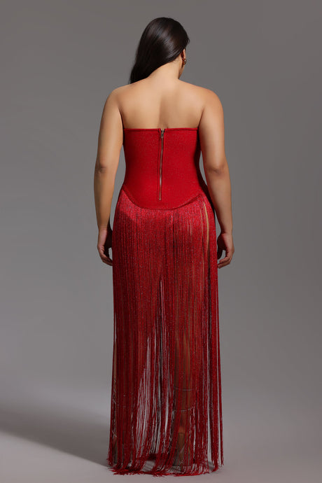 Azzurra Red Strapless Dress with Shimmering Fabric and Luxurious Fringe for Evening Events and Parties