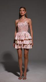 Jenna Mini Dress - Strapless - Floral Embroidery - Flared Silhouette - Soft Fabric - Delicate Floral Patterns