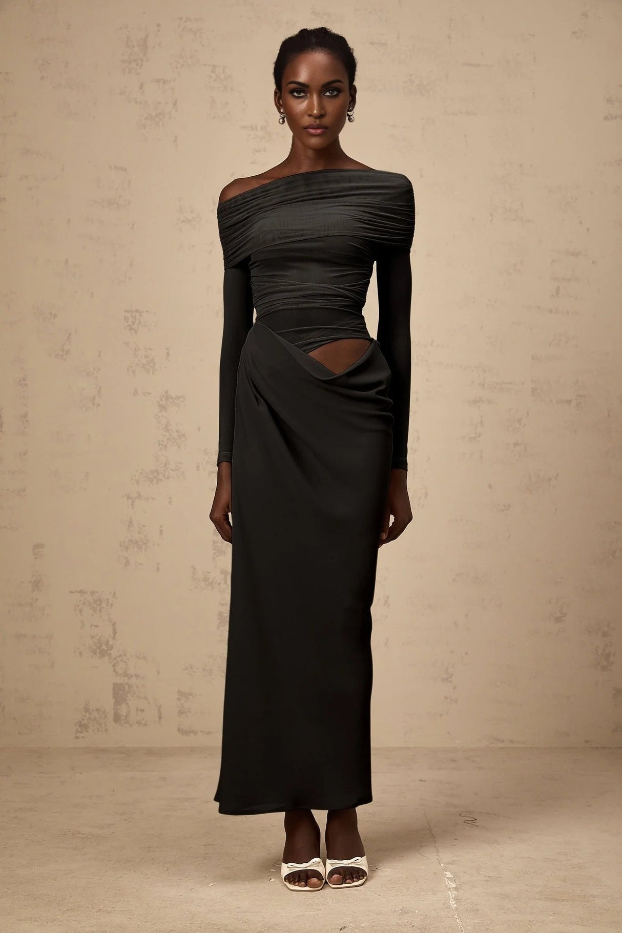 Bailey Midi Dress Black Semi - Sheer Off - Shoulder & Ruched