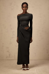 Bailey Midi Dress Black Semi - Sheer Off - Shoulder & Ruched