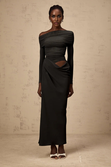 Bailey Midi Dress Black Semi - Sheer Off - Shoulder & Ruched