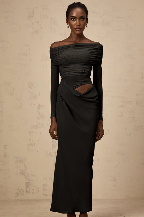 Bailey Midi Dress Black Semi - Sheer Off - Shoulder & Ruched