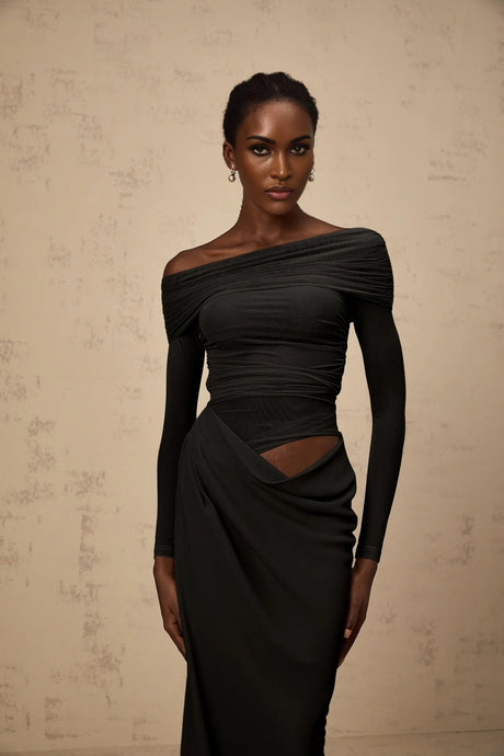 Bailey Midi Dress Black Semi - Sheer Off - Shoulder & Ruched