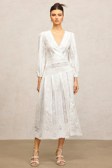 Bailey White Lace Maxi Dress with V-Neckline and Puffed Sleeves