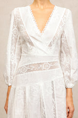 Bailey White Lace Maxi Dress V-Neckline Puffed Sleeves Wedding Fancy Dinner Elegant Sophisticated