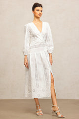 Bailey White Lace Maxi Dress V-Neckline Puffed Sleeves Wedding Fancy Dinner Elegance Sophistication