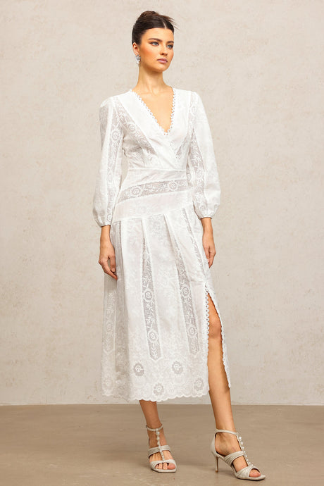 Bailey White Lace Maxi Dress V-Neckline Puffed Sleeves Wedding Fancy Dinner Elegance Sophistication