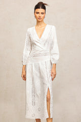 Bailey White Lace Maxi Dress V-Neckline Puffed Sleeves Wedding Fancy Dinner Elegant Sophisticated