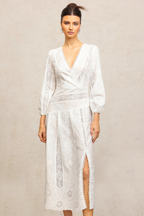 Bailey White Lace Maxi Dress V-Neckline Puffed Sleeves Wedding Fancy Dinner Elegant Sophisticated