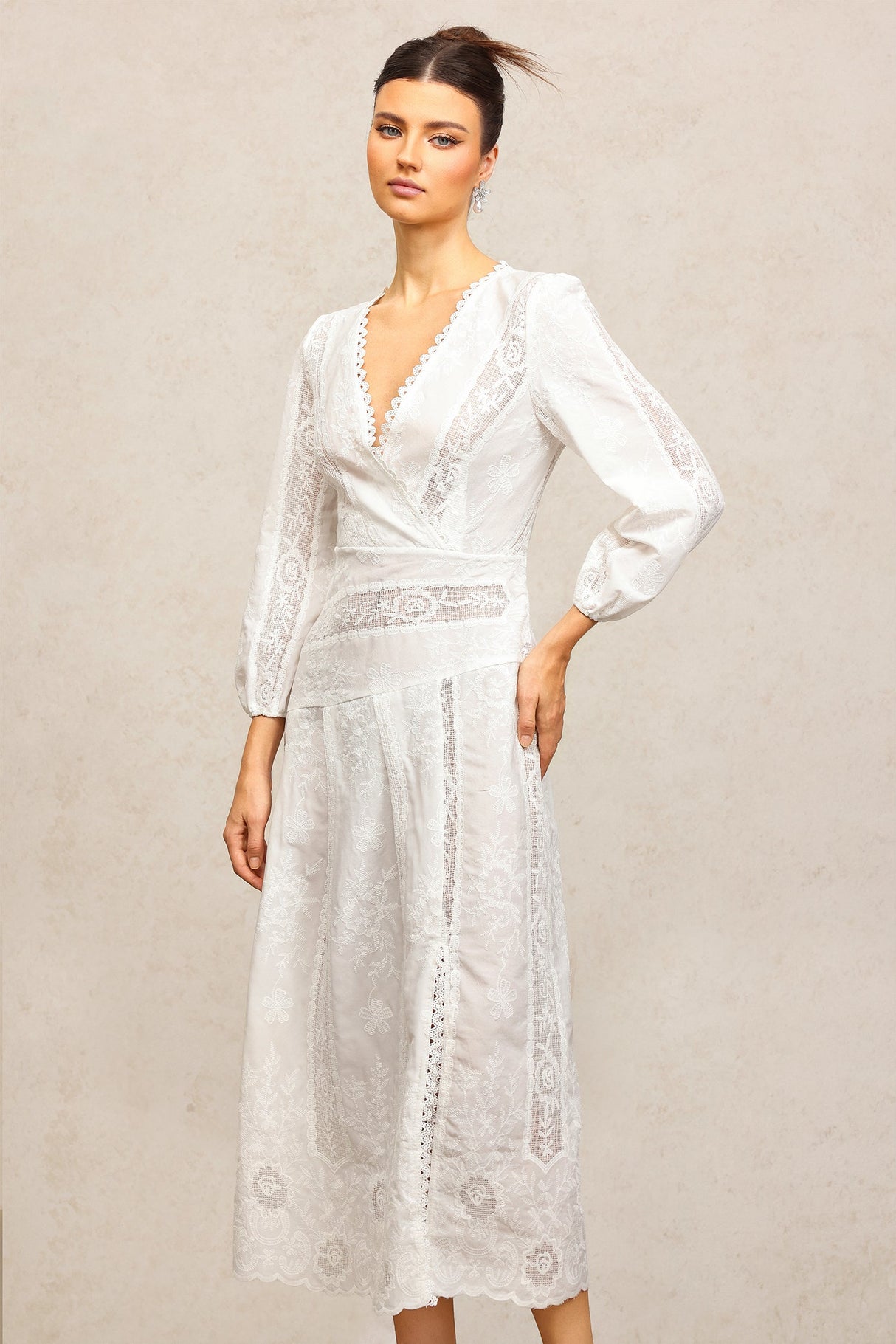 Bailey White Lace Maxi Dress with V-Neckline and Puffed Sleeves for Special Occasion