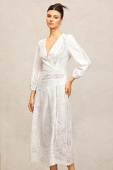 Bailey White Lace Maxi Dress with V-Neckline and Puffed Sleeves for Special Occasion