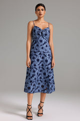 Barbara Blue Floral Slip Dress Sweetheart Neckline Summer Garden Party Sunset Dinner Lightweight Fabric Adjustable Straps