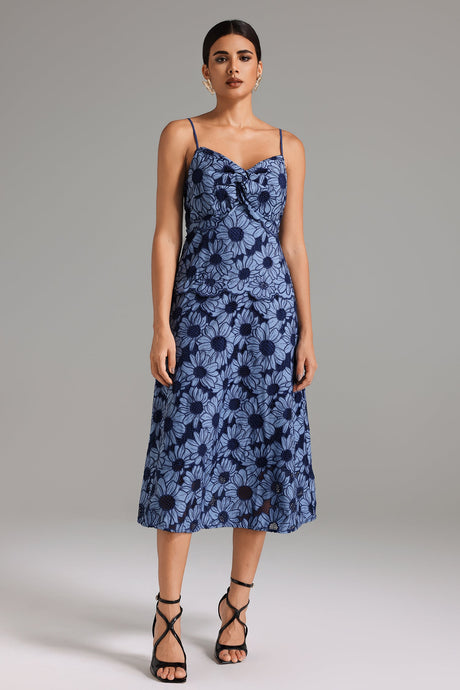 Barbara Blue Floral Slip Dress Sweetheart Neckline Summer Garden Party Sunset Dinner Lightweight Fabric Adjustable Straps