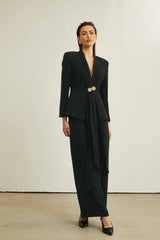Barbara Jacket & Trousers - V Neck Pleated Ribbon Design Wide Legs Zip Front