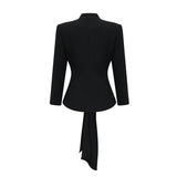 Barbara Jacket & Trousers - V Neck Pleated Ribbon Design Wide Legs Zip Front