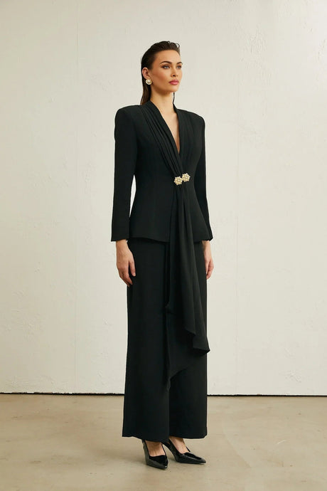 Barbara Jacket & Trousers - V Neck Pleated Ribbon Design Wide Legs Zip Front