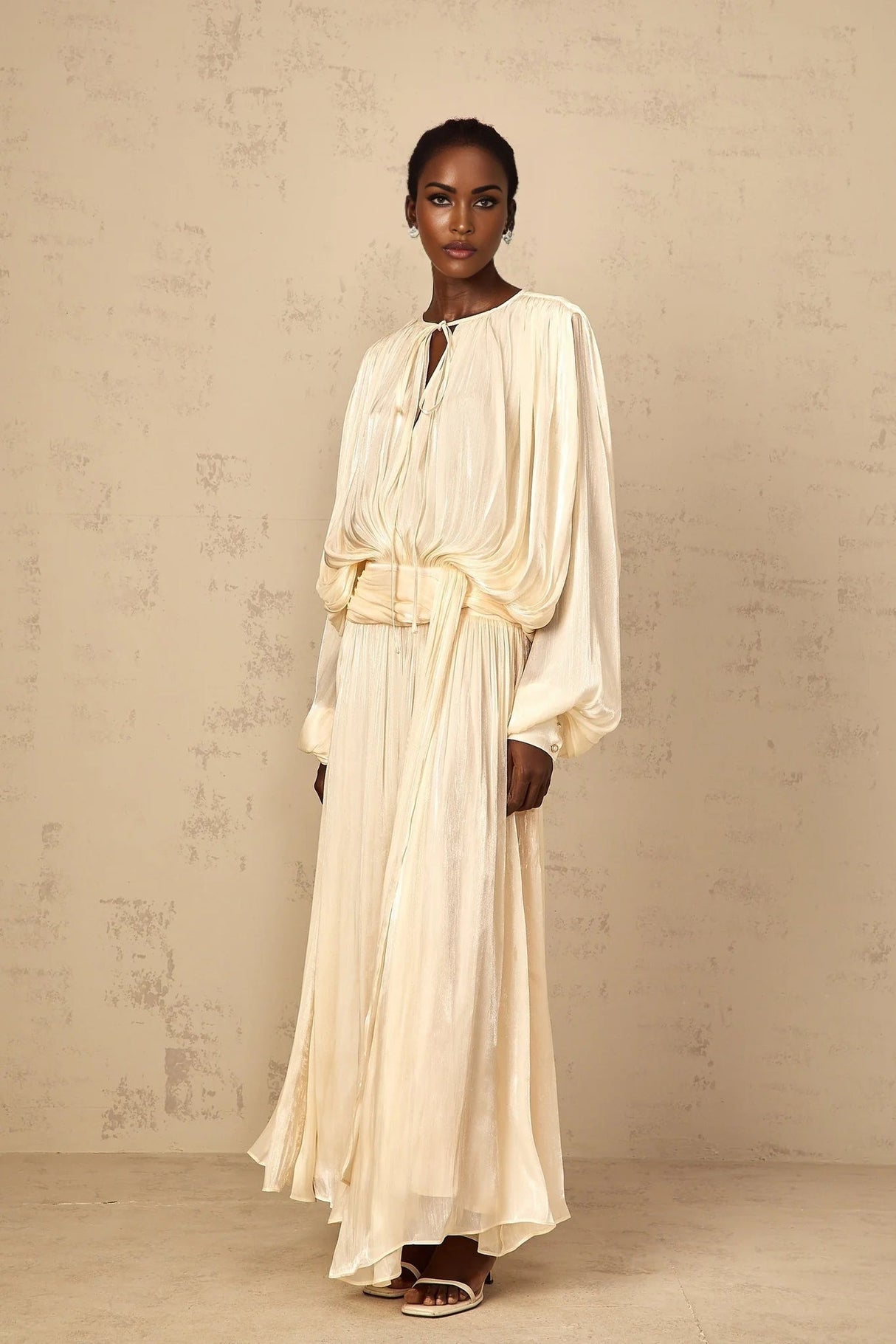 Barbara Maxi Dress Pleated Ruffle & Glitter Feminine Neutral