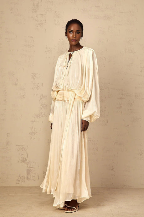 Barbara Maxi Dress Pleated Ruffle & Glitter Feminine Neutral