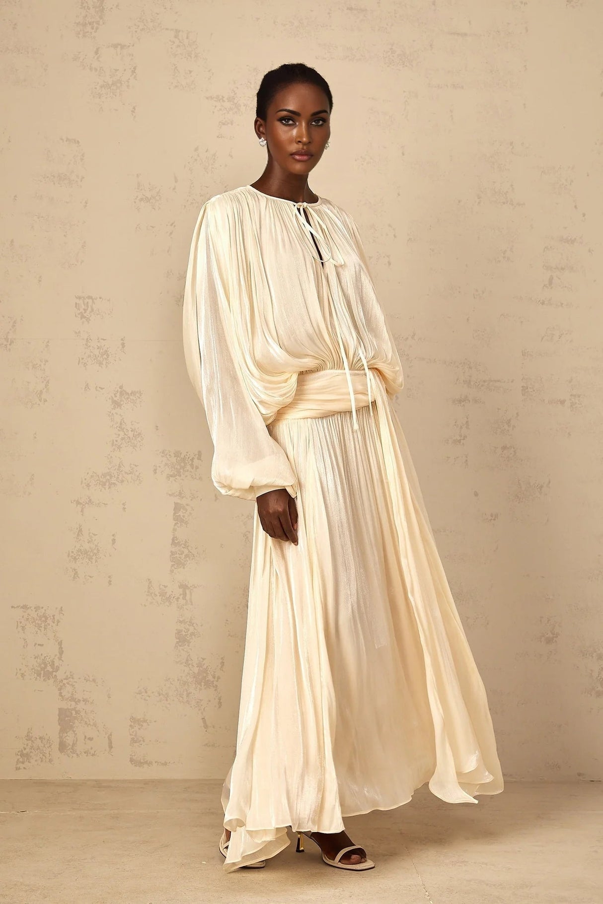 Barbara Maxi Dress Pleated Ruffle & Glitter Feminine Neutral