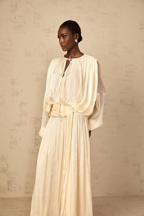 Barbara Maxi Dress Pleated Ruffle & Glitter Feminine Neutral