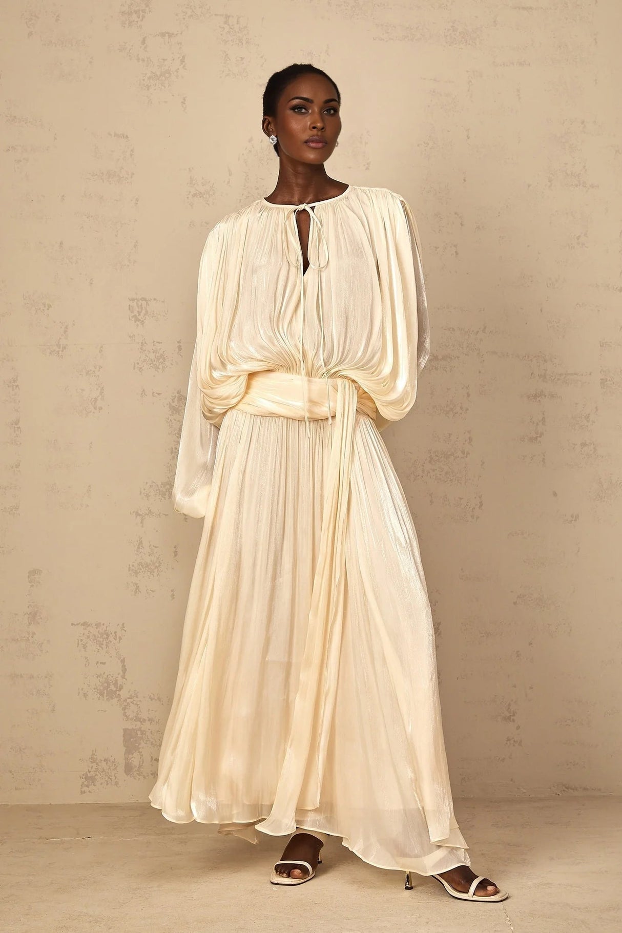 Barbara Maxi Dress Pleated Ruffle & Glitter Feminine Neutral