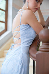 Barbara Maxi Dress - Sleeveless with Spaghetti Straps - Lace Trim & Floral Jacquard Design - Side Zip & Rear Lace - Up Fastening