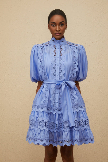 Barbara Mini Dress - Short Puff Sleeves - Cut - Out Detailing - Tied Waist - Tiered Design - Embroidered Motif